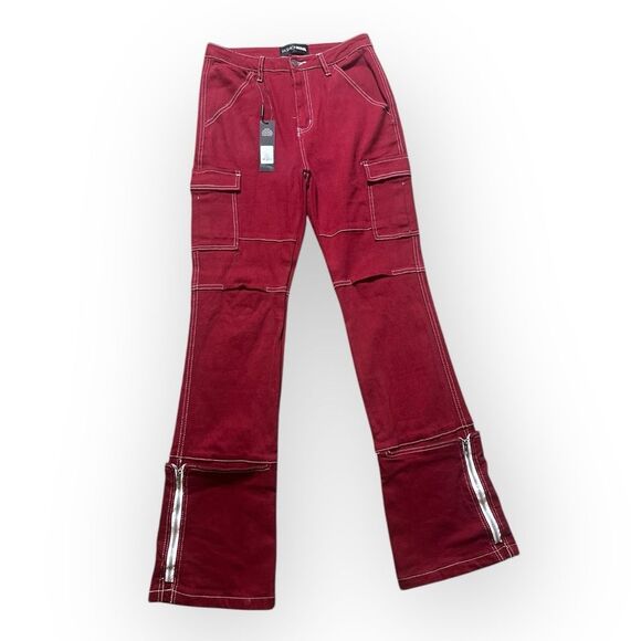 Y2K Fashion Nova Cargo Jeans Women’s 9 Bootcut Camden Utility in Raspberry Red - Picture 1 of 8